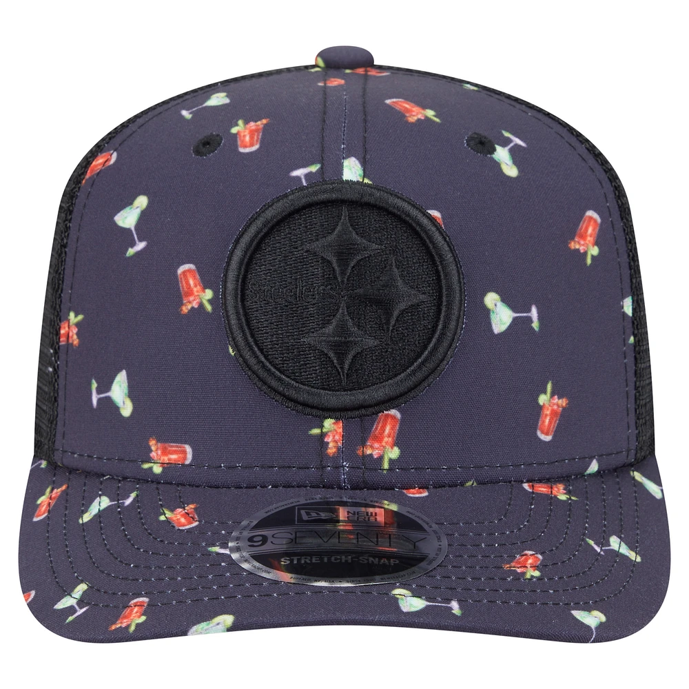 Men's New Era  Navy/Black Pittsburgh Steelers Adventure Drinks Pattern 9SEVENTY Stretch-Snap Hat