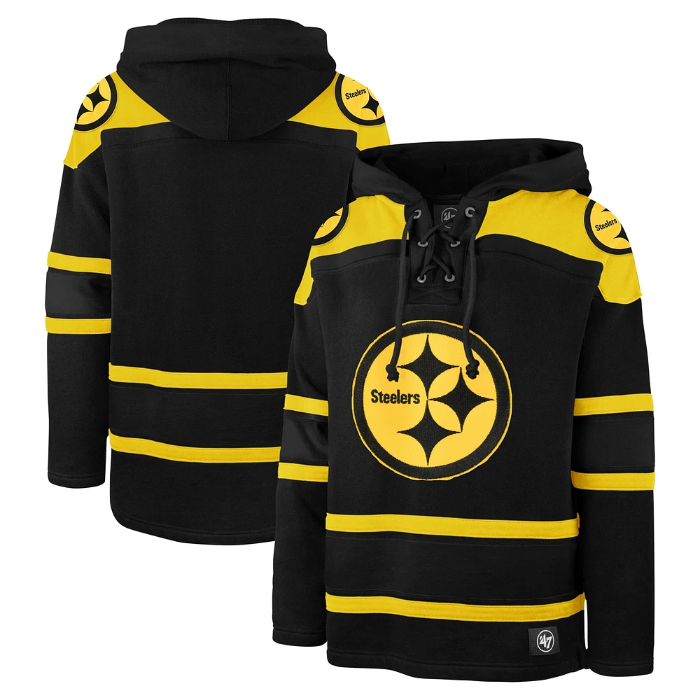 Men's '47 Black Pittsburgh Steelers Dark Pop Lace-Up Pullover Hoodie