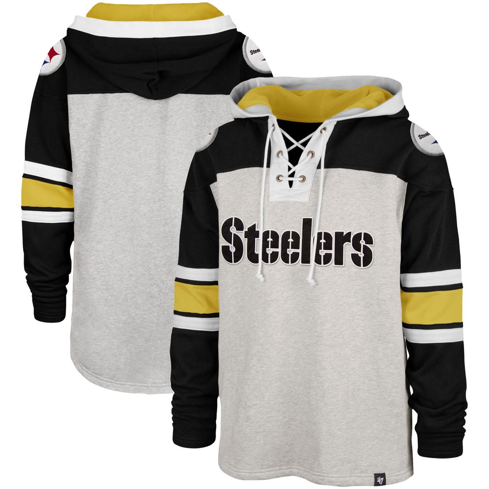 Men's '47 Heathered Gray/Black Pittsburgh Steelers Gridiron Lace-Up - Pullover Hoodie