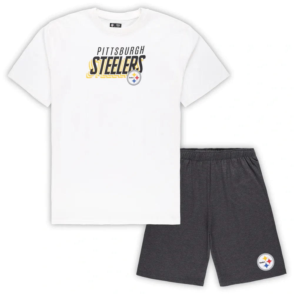 Pittsburgh Steelers Fanatics Branded Big & Tall Throwback 2-Stripe Raglan T- Shirt - Black/Heathered Gray