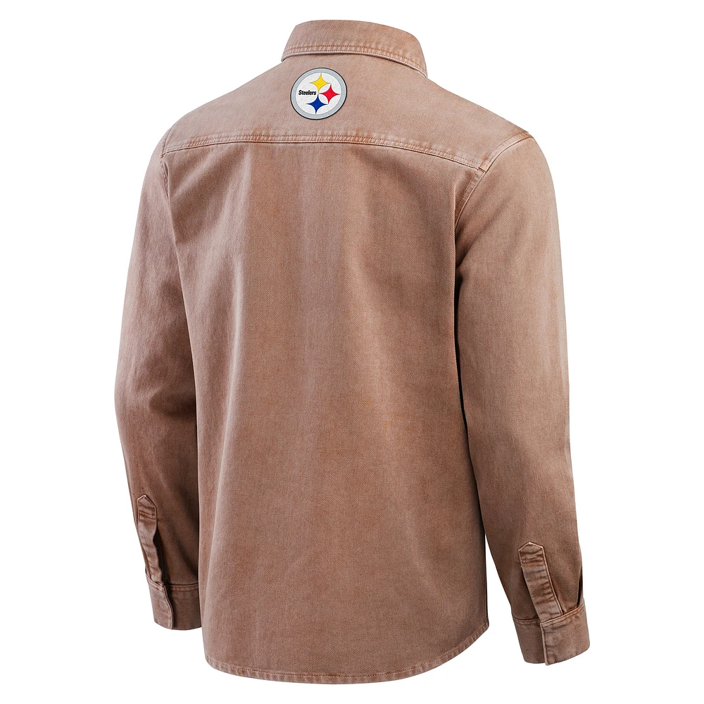 Men's Darius Rucker Collection by Fanatics Brown Pittsburgh Steelers Garment Dyed Long Sleeve Full Snap Shirt