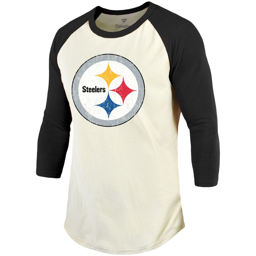 Majestic Threads Men's Fanatics Branded Ben Roethlisberger Cream/Black  Pittsburgh Steelers Player Name & Number Raglan 3/4-Sleeve T-Shirt