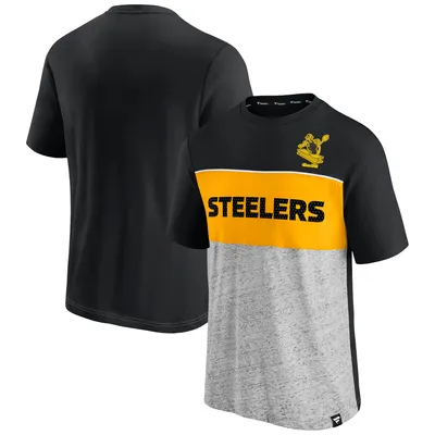 Pittsburgh Steelers Fanatics Branded Throwback Colorblock T-Shirt - Black/Heathered Gray