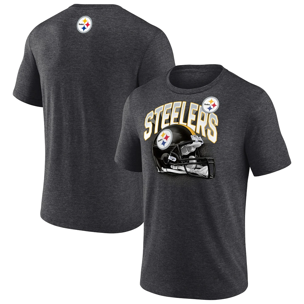 T-shirt Fanatics Heather Charcoal Pittsburgh Steelers Tri-Blend pour homme avec casque