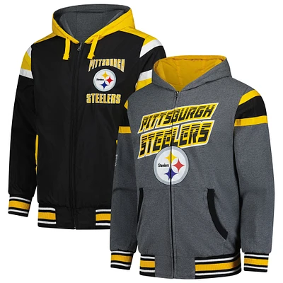 Men's G-III Sports by Carl Banks Black/Gray Pittsburgh Steelers Extreme Full Back Reversible Hoodie Full-Zip Jacket