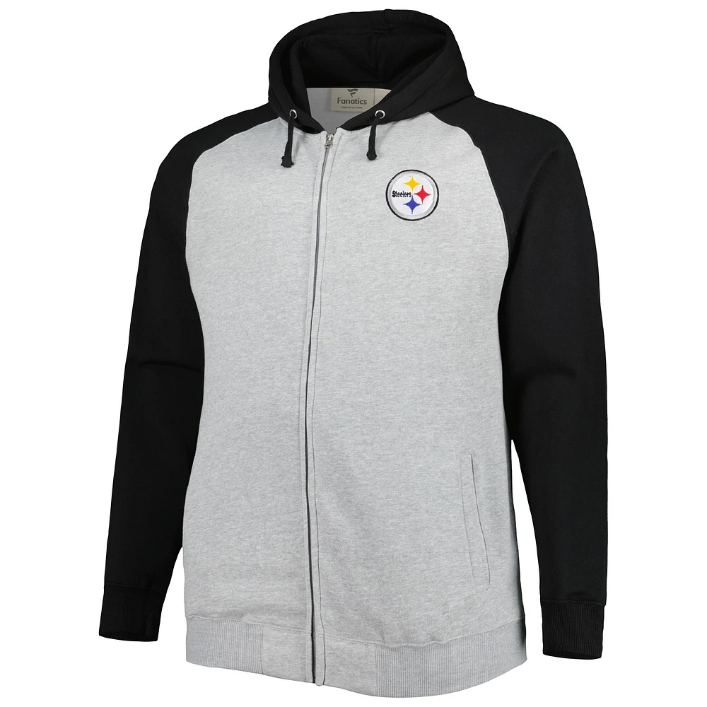 Men's Heather Gray Pittsburgh Steelers Big & Tall Fleece Raglan Full-Zip Hoodie Jacket