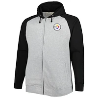 Men's Heather Gray Pittsburgh Steelers Big & Tall Fleece Raglan Full-Zip Hoodie Jacket
