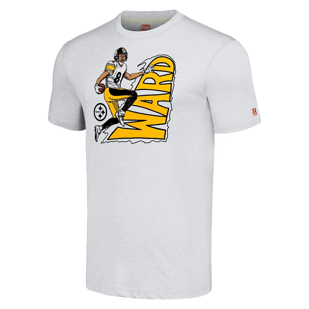 T-shirt triple mélange Hommage Hines Ward Heathered Ash Pittsburgh Steelers Caricature Joueur retraité pour hommes