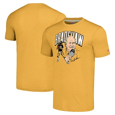 T-shirt triple mélange hommage à Terry Bradshaw pour hommes, or chiné, caricature des Steelers de Pittsburgh, joueur retraité