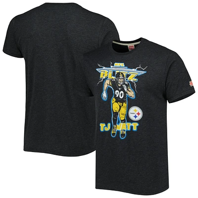 Men's Homage T.J. Watt Heathered Heather Charcoal Pittsburgh Steelers NFL Blitz Player Tri-Blend T-Shirt