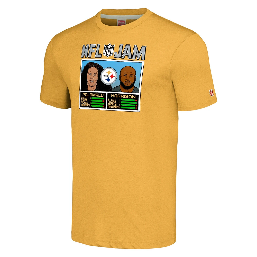 T-shirt à trois mélanges hommage Troy Polamalu et James Harrison Gold pour hommes Pittsburgh Steelers NFL Jam Retired