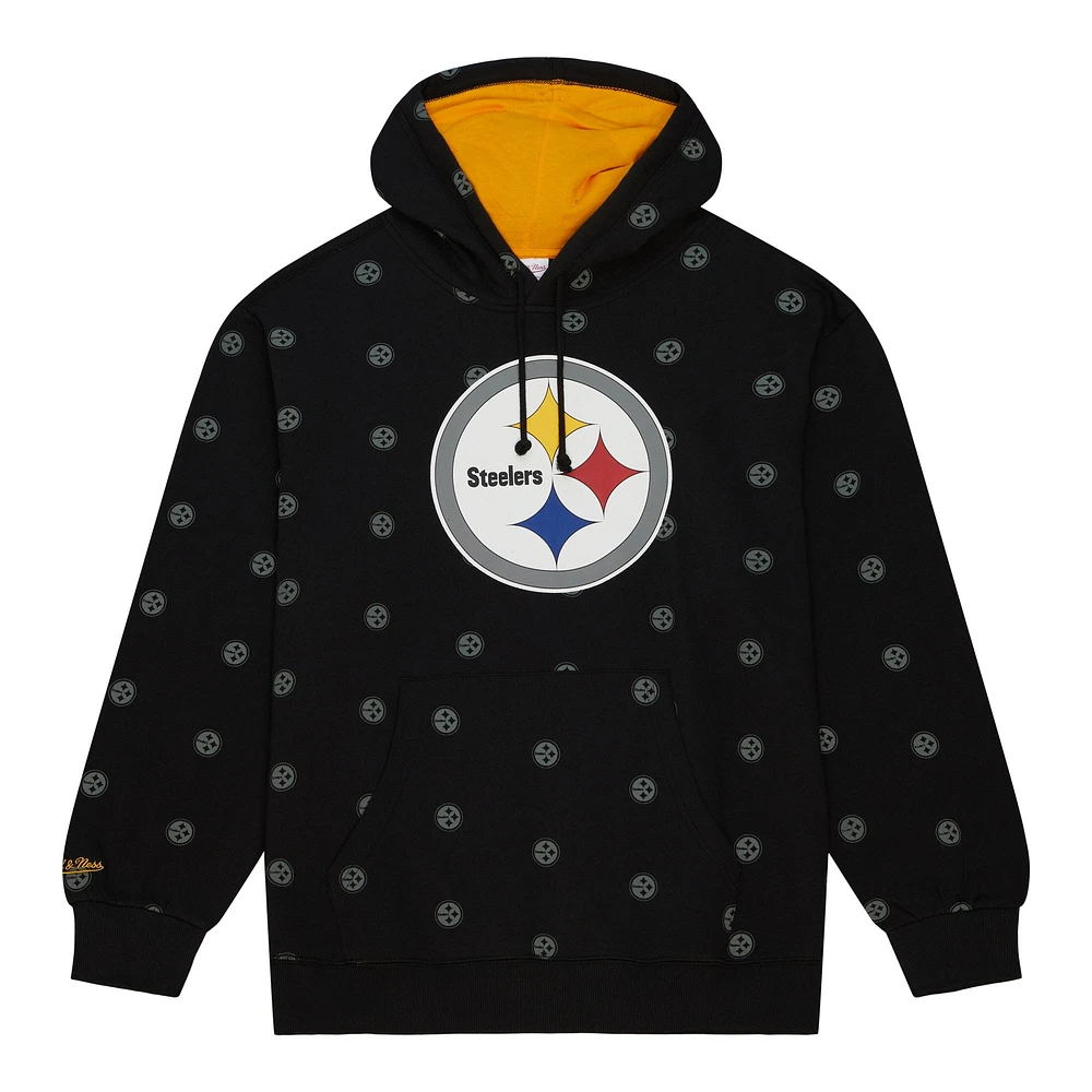 Men's Mitchell & Ness Black Pittsburgh Steelers Allover Print Fleece Pullover Hoodie