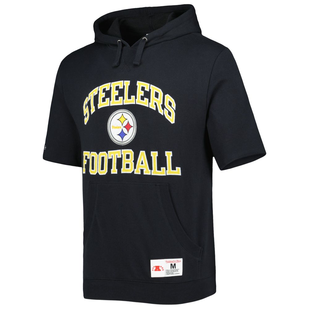 Men's Mitchell & Ness Black Pittsburgh Steelers Washed Short Sleeve Pullover Hoodie