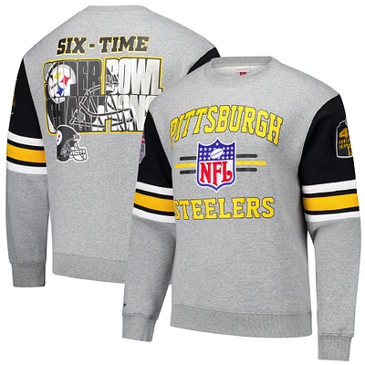 Men's Mitchell & Ness Heather Gray Pittsburgh Steelers All Over 4.0 Vintage Logo Pullover Sweatshirt