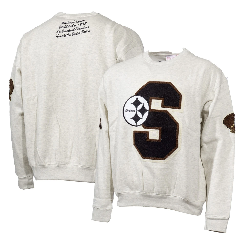 Sweat-shirt surdimensionné universitaire Mitchell & Ness Oatmeal Pittsburgh Steelers pour hommes