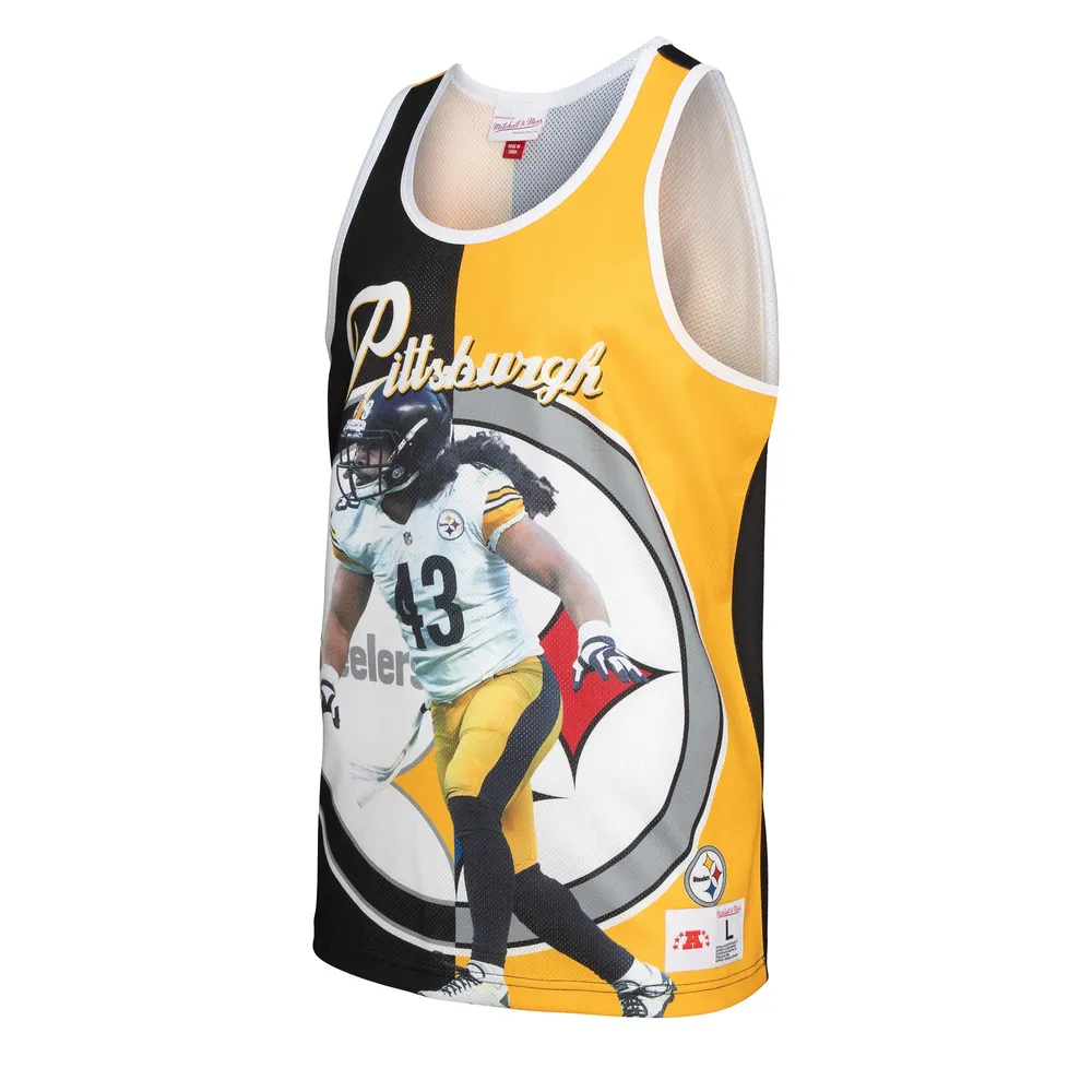 Débardeur pour homme Mitchell & Ness Troy Polamalu Noir/Or Pittsburgh Steelers Retired Player Graphic