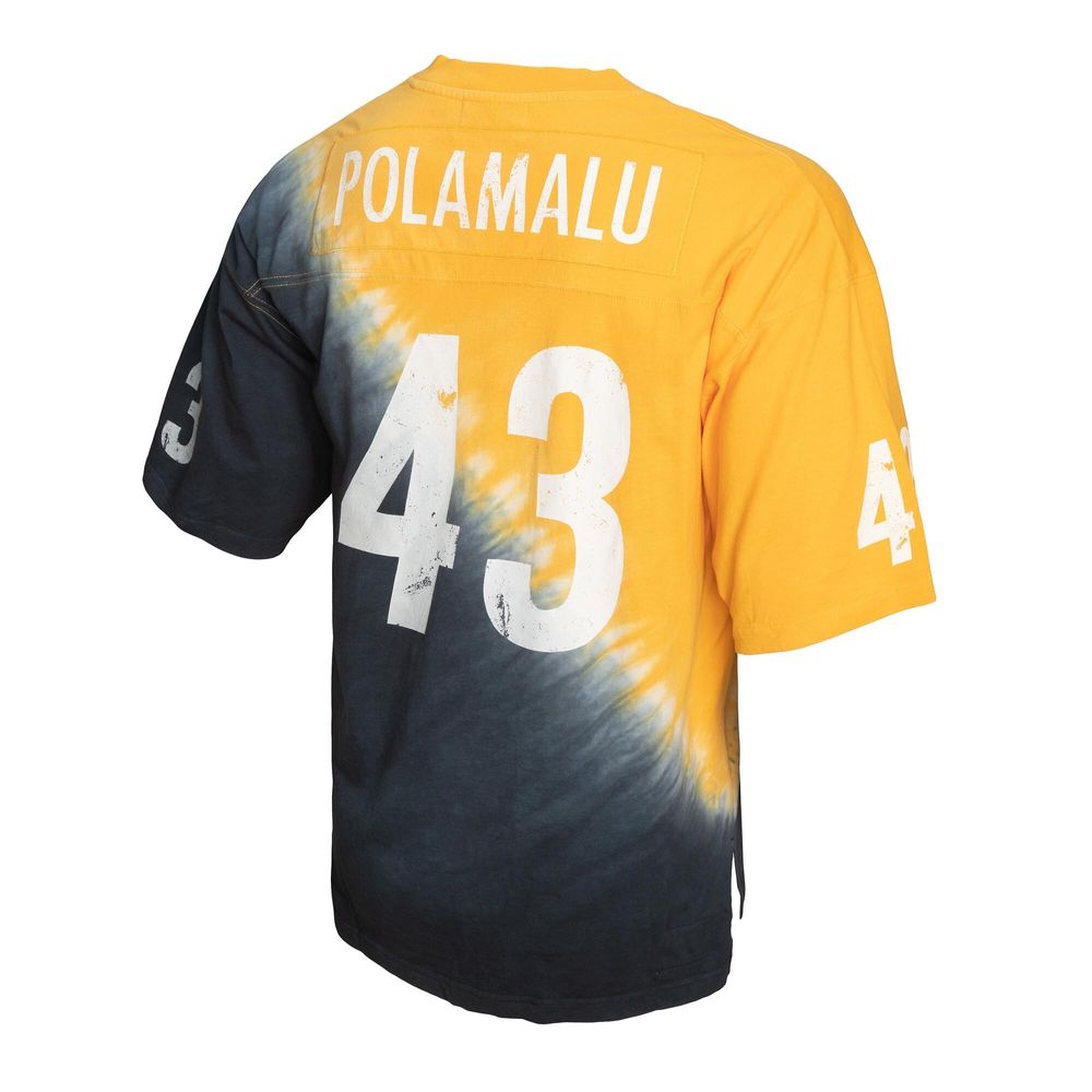 Men's Mitchell & Ness Troy Polamalu Black/Gold Pittsburgh Steelers Retired Player Name Number Diagonal Tie-Dye - V-Neck T-Shirt