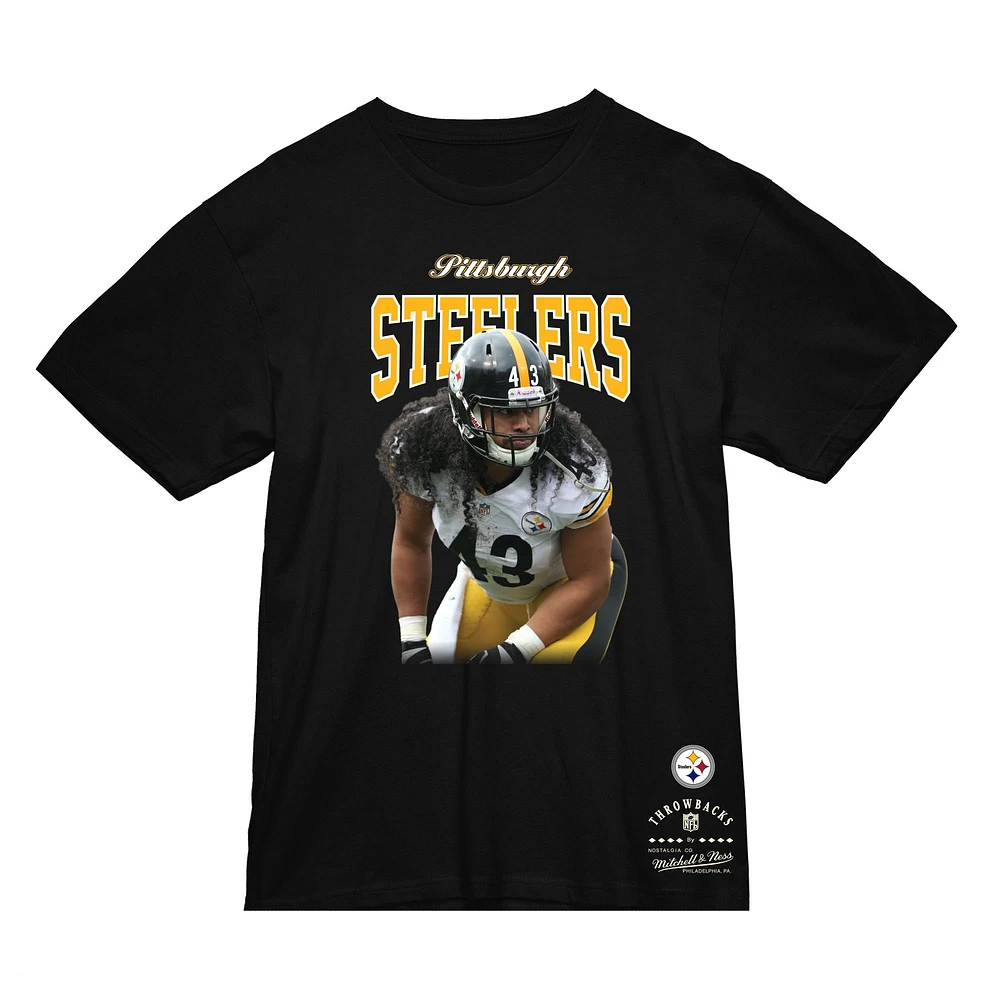 T-shirt noir pour homme Mitchell & Ness Troy Polamalu, joueur retraité des Steelers de Pittsburgh