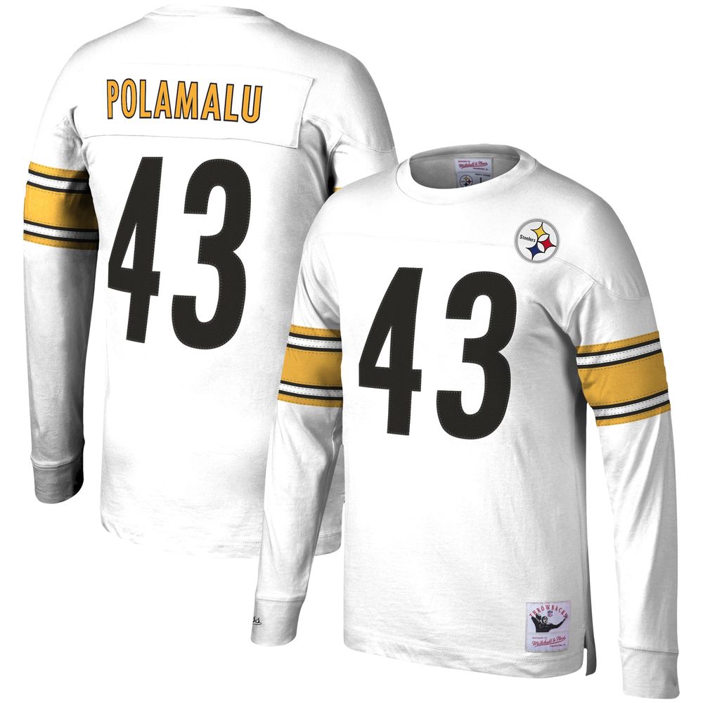 Men's Mitchell & Ness Troy Polamalu White Pittsburgh Steelers Retired Player Name Number Long Sleeve Top