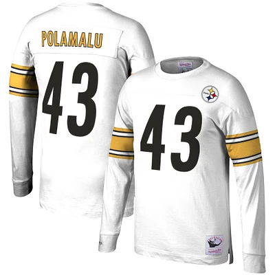 Haut à manches longues blanc Mitchell & Ness Troy Polamalu Pittsburgh Steelers pour hommes, nom et numéro du joueur retraité