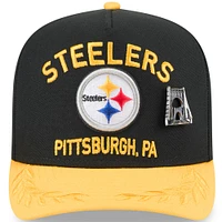 Casquette ajustée New Era 59FIFTY noire/dorée pour homme, modèle A-Frame, repêchage NFL 2025 des Pittsburgh Steelers, sur scène