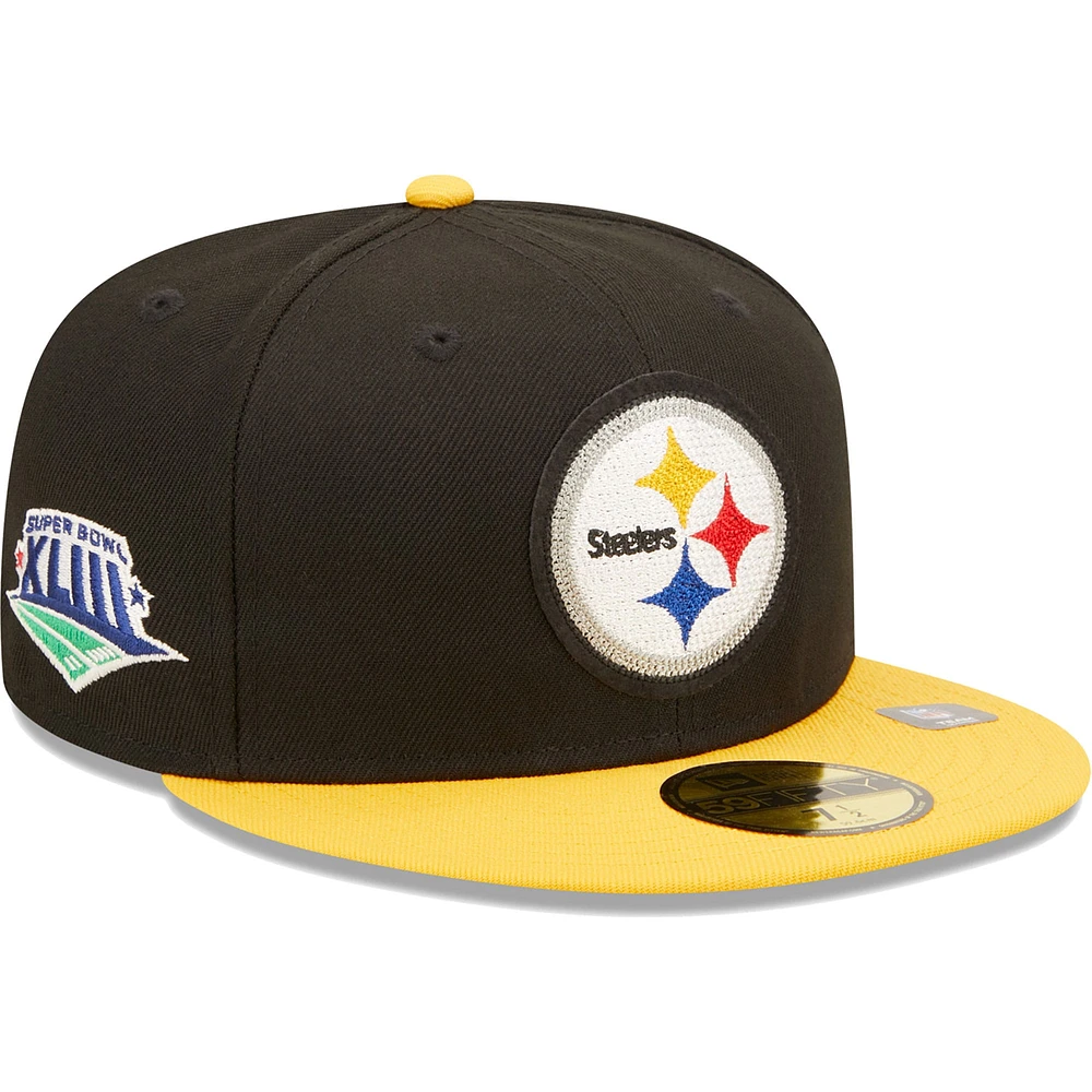 Casquette ajustée 59FIFTY des Pittsburgh Steelers du Super Bowl XLIII Letterman New Era pour homme, noir/doré