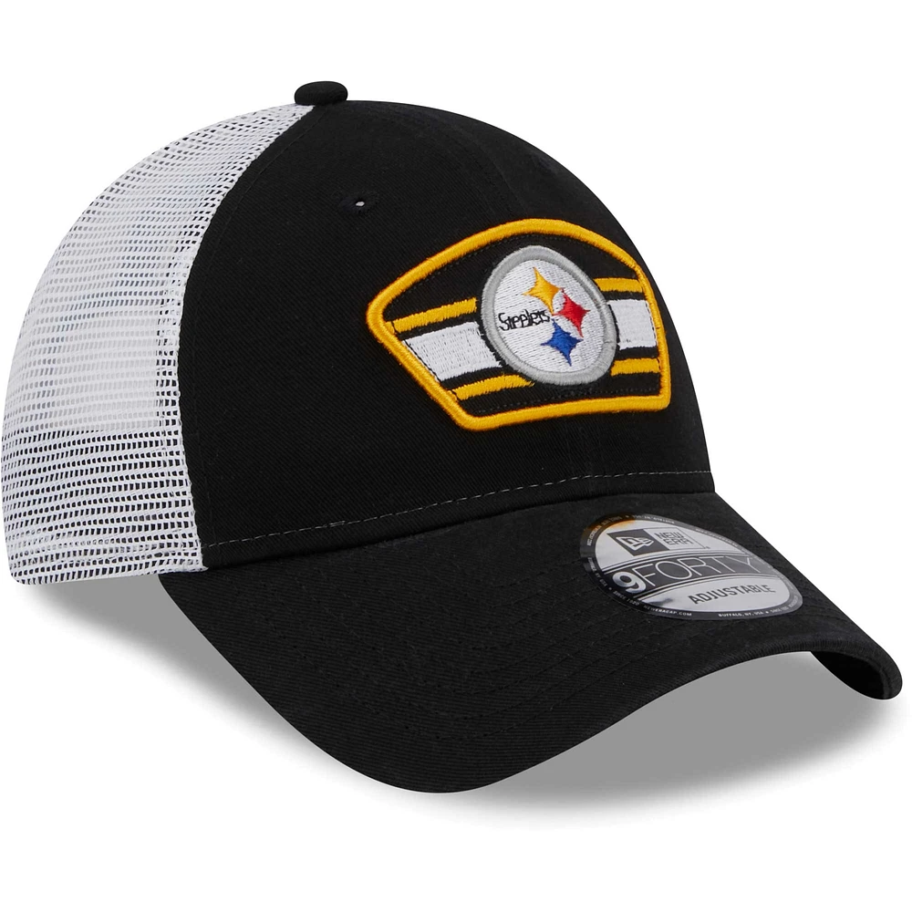 Men's New Era Black/White Pittsburgh Steelers Patch Trucker 9FORTY - Snapback Hat