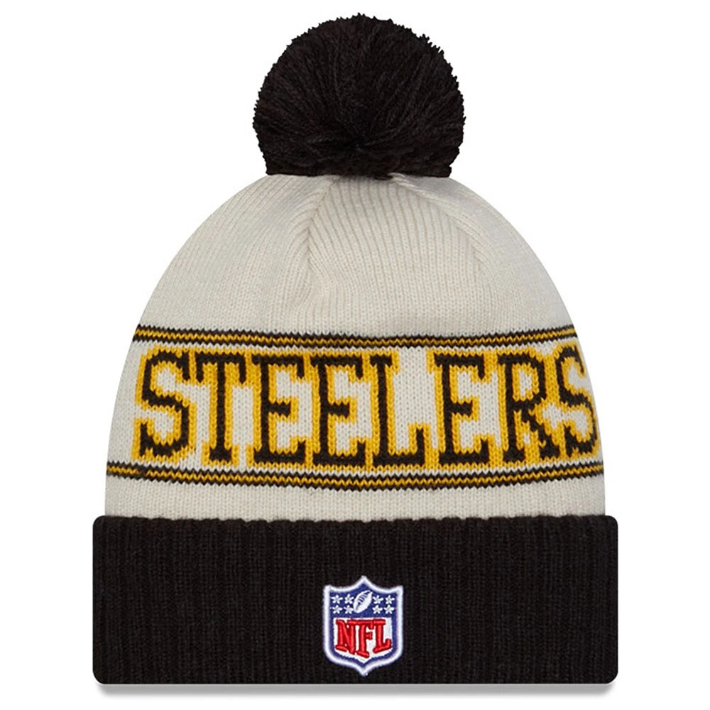 Bonnet en tricot à revers avec pompon pour homme Pittsburgh Steelers 2023 Sideline Historic New Era, noir