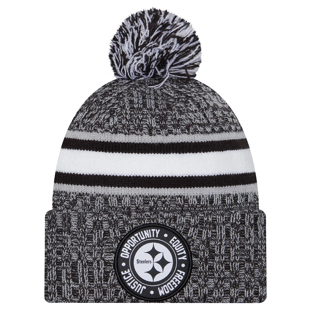 Bonnet en tricot à revers Inspire Change New Era noir des Pittsburgh Steelers pour hommes avec pompon