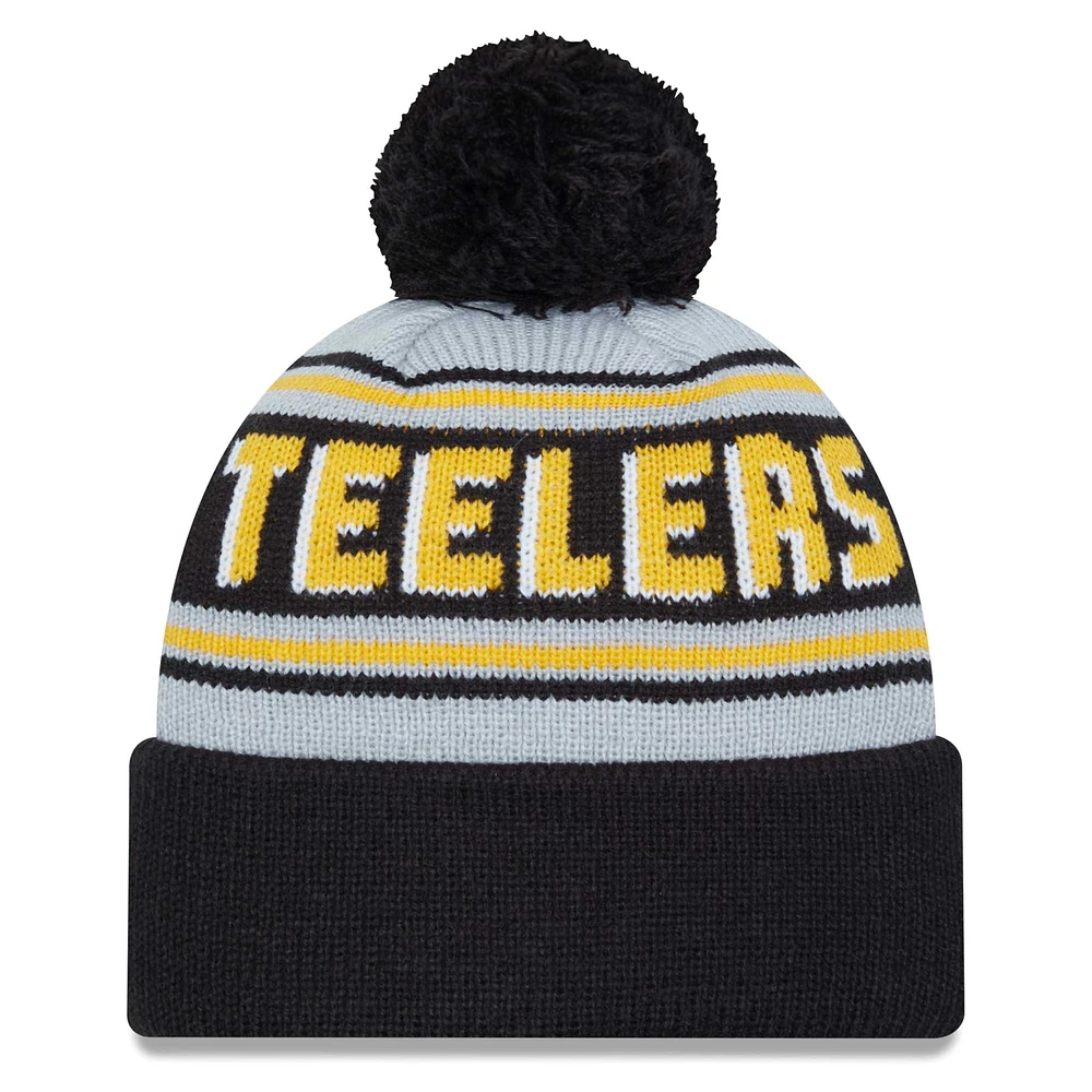 Bonnet en tricot à revers principal New Era noir des Pittsburgh Steelers pour hommes avec pompon