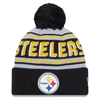 Bonnet en tricot à revers principal New Era noir des Pittsburgh Steelers pour hommes avec pompon