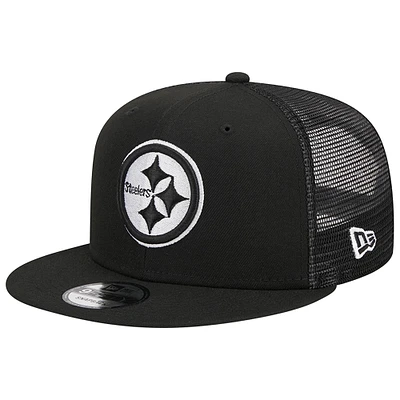 Men's New Era Black Pittsburgh Steelers Main Trucker 9FIFTY Snapback Hat Main Trucker 9FIFTY Snapback Hat