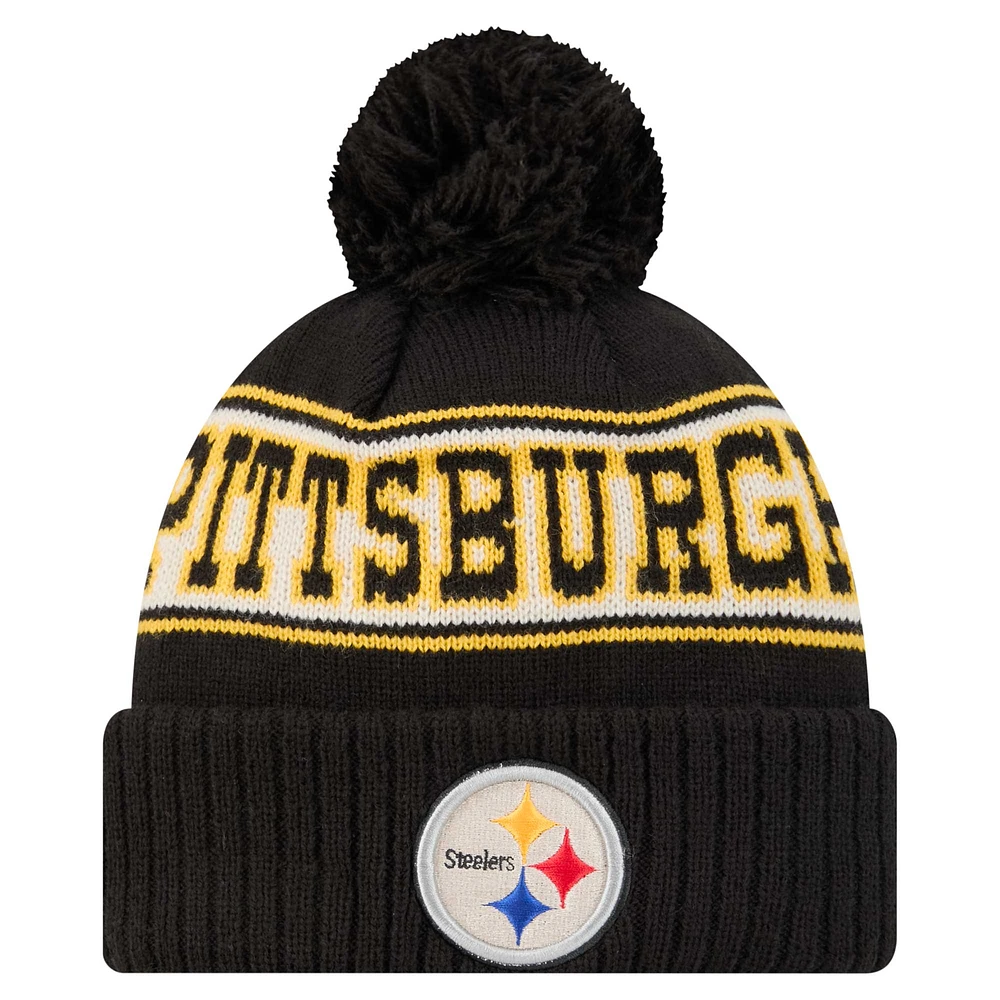 Bonnet en tricot à revers rétro Pittsburgh Steelers noir New Era pour homme avec pompon