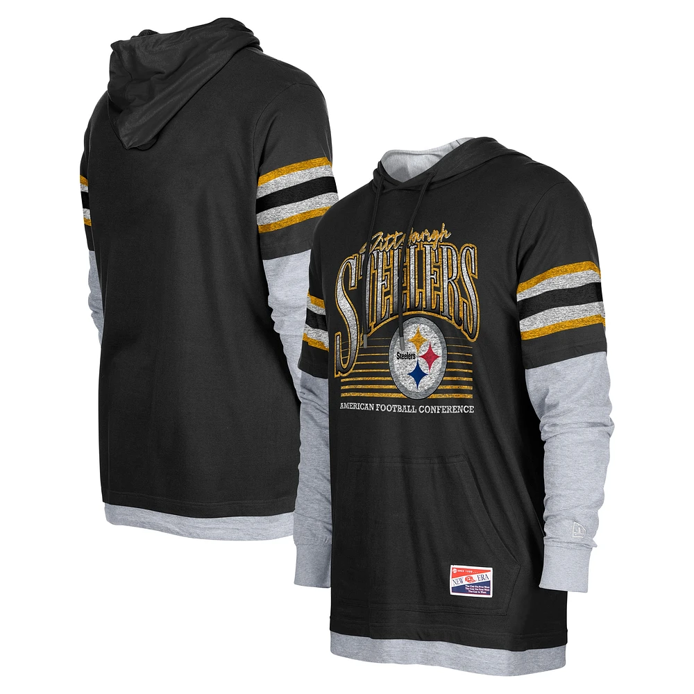 T-shirt à capuche manches longues Twofer des Pittsburgh Steelers de New Era pour homme, noir