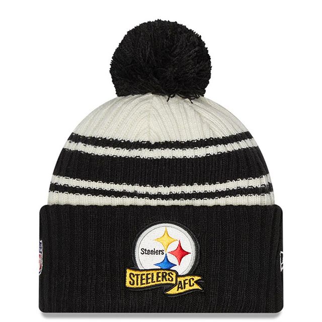 Casquette New Era Pittsburgh Steelers 2022 Sideline crème/noir pour homme - Bonnet en tricot à revers sport avec pompons