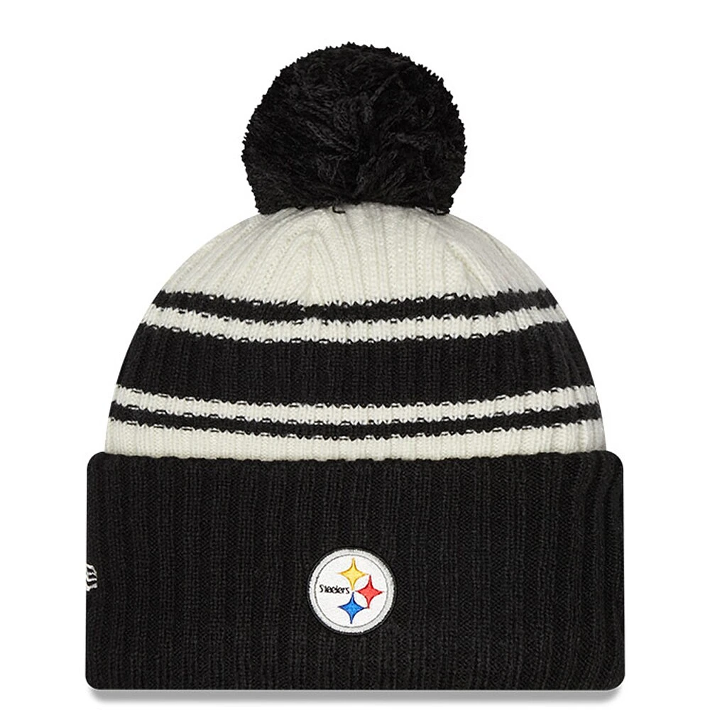 Men's New Era Cream/Black Pittsburgh Steelers 2022 Sideline - Sport Cuffed Pom Knit Hat