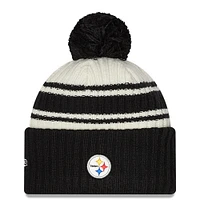 Men's New Era Cream/Black Pittsburgh Steelers 2022 Sideline - Sport Cuffed Pom Knit Hat