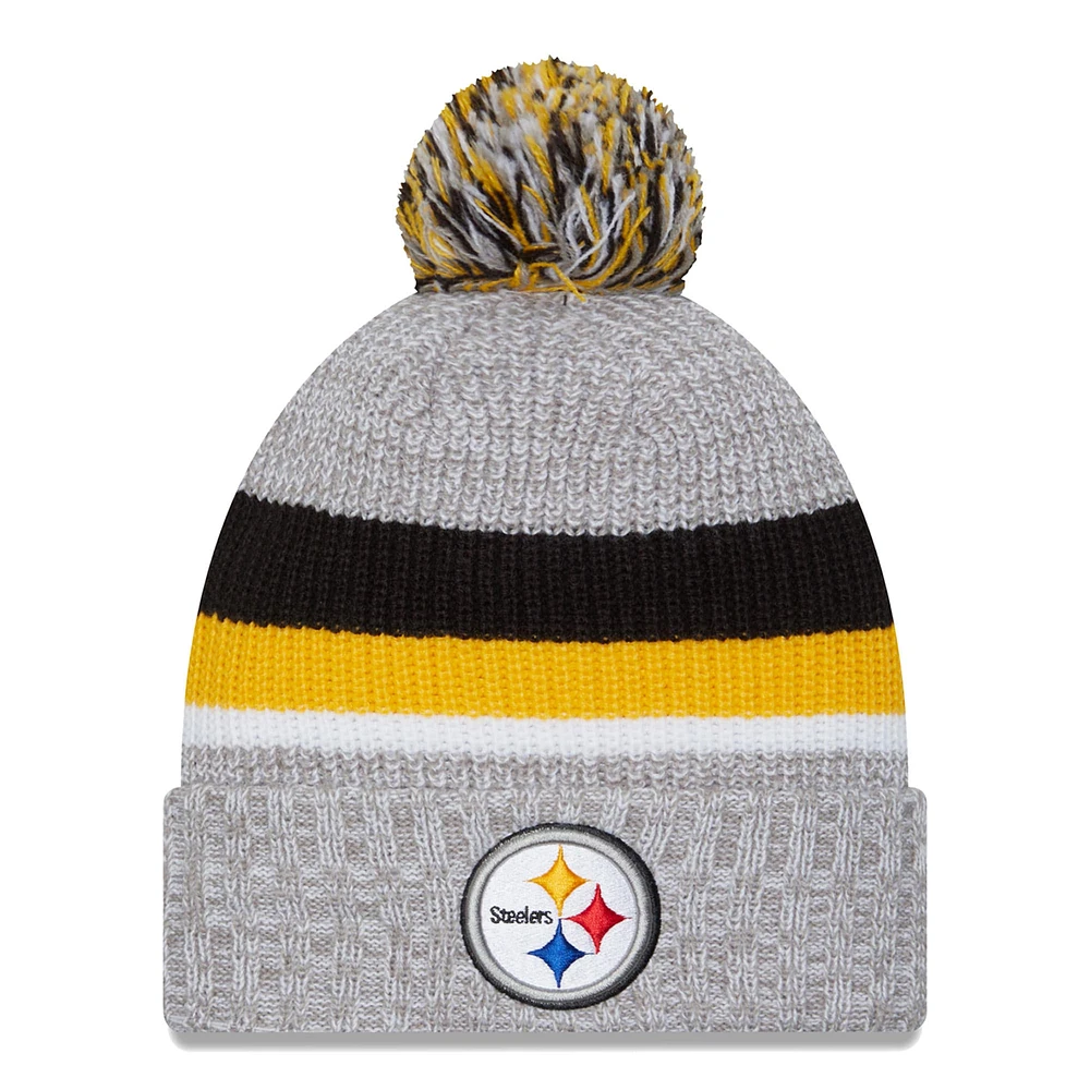 Bonnet en tricot à revers New Era pour hommes, gris chiné, Pittsburgh Steelers, avec pompon