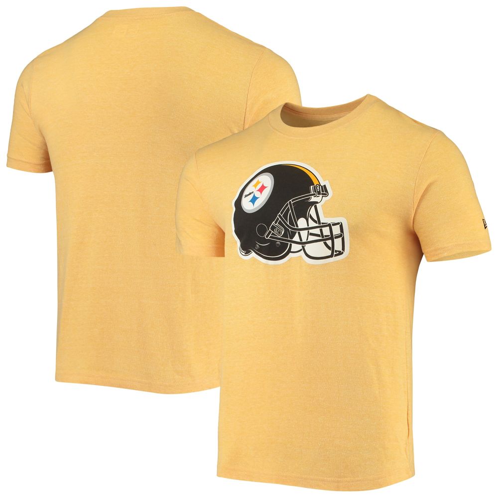 Men's New Era Heathered Gold Pittsburgh Steelers Helmet Logo Tri-Blend T-Shirt Size: Medium