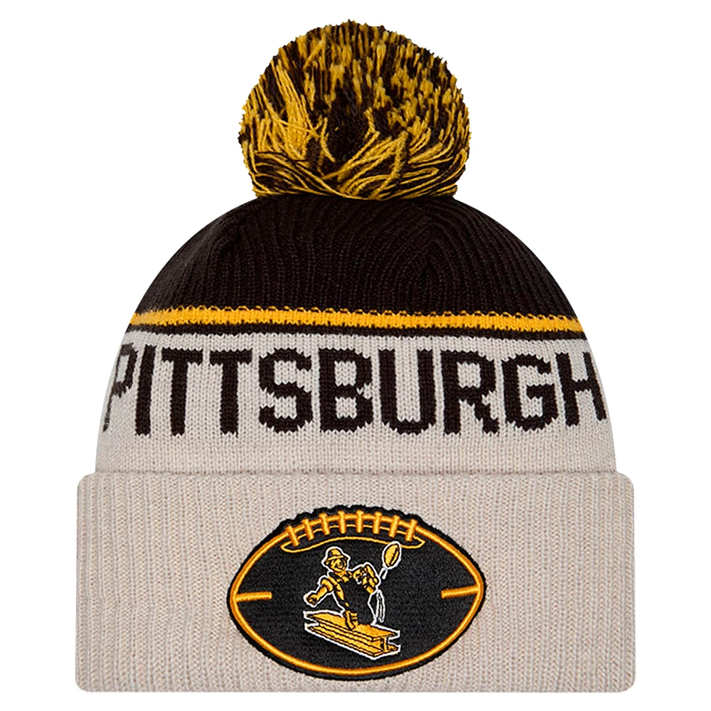 Men's New Era Stone Pittsburgh Steelers Sideline Historic Cuffed Knit Hat with Pom