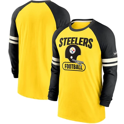 T-shirt à manches longues Nike or/noir Pittsburgh Steelers Throwback Raglan pour hommes