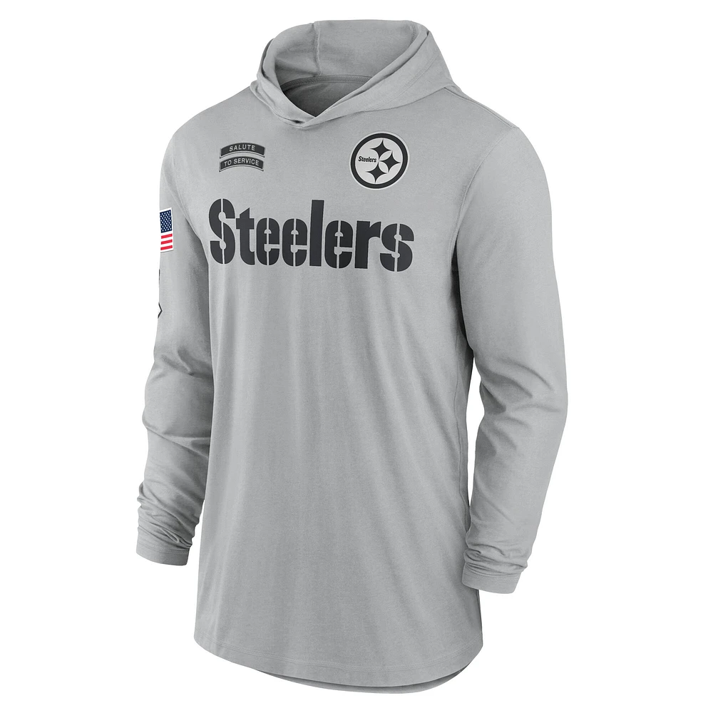 Men's Nike Gray Pittsburgh Steelers 2024 Salute to Service Lightweight Performance Long Sleeve Hooded T-Shirt