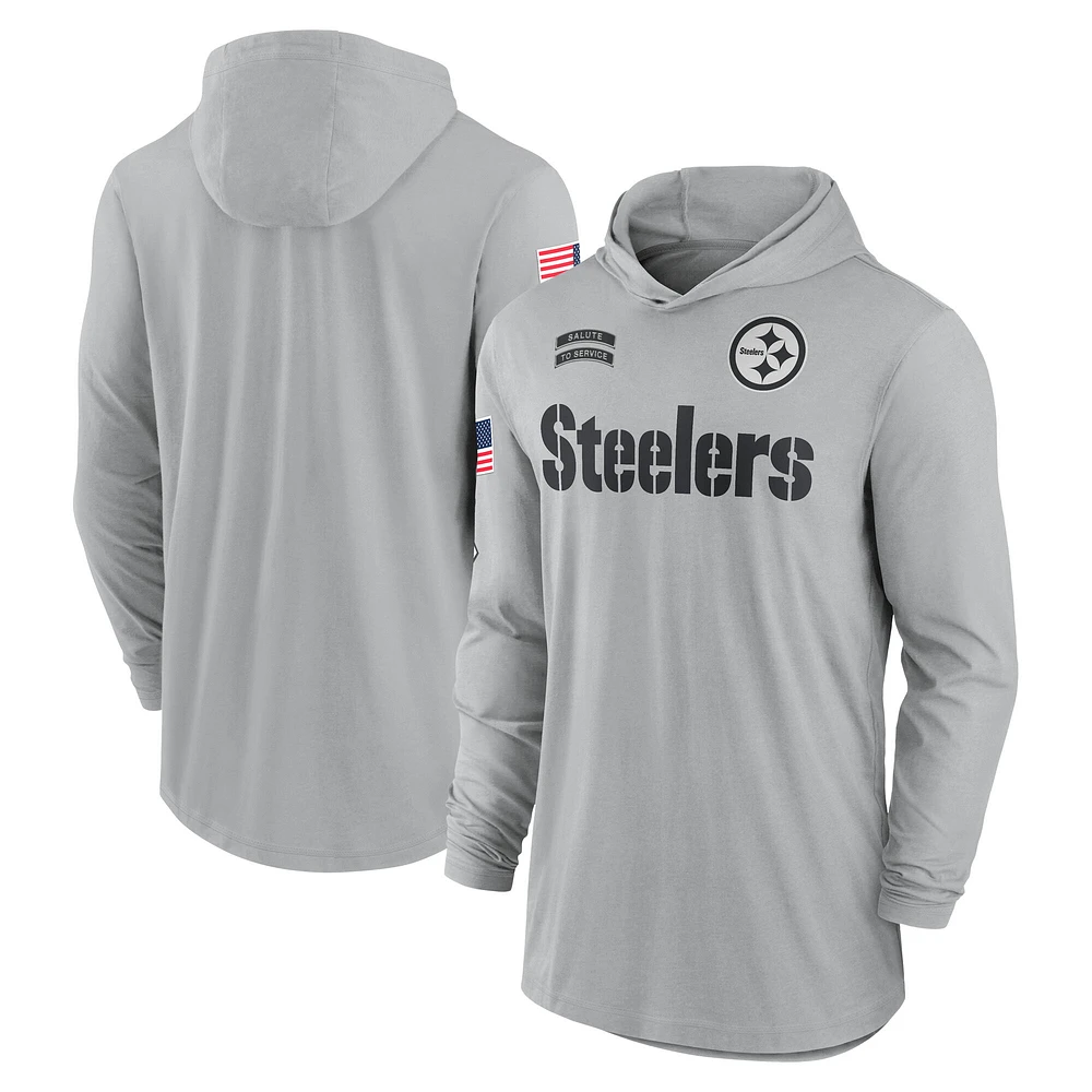 Men's Nike Gray Pittsburgh Steelers 2024 Salute to Service Lightweight Performance Long Sleeve Hooded T-Shirt