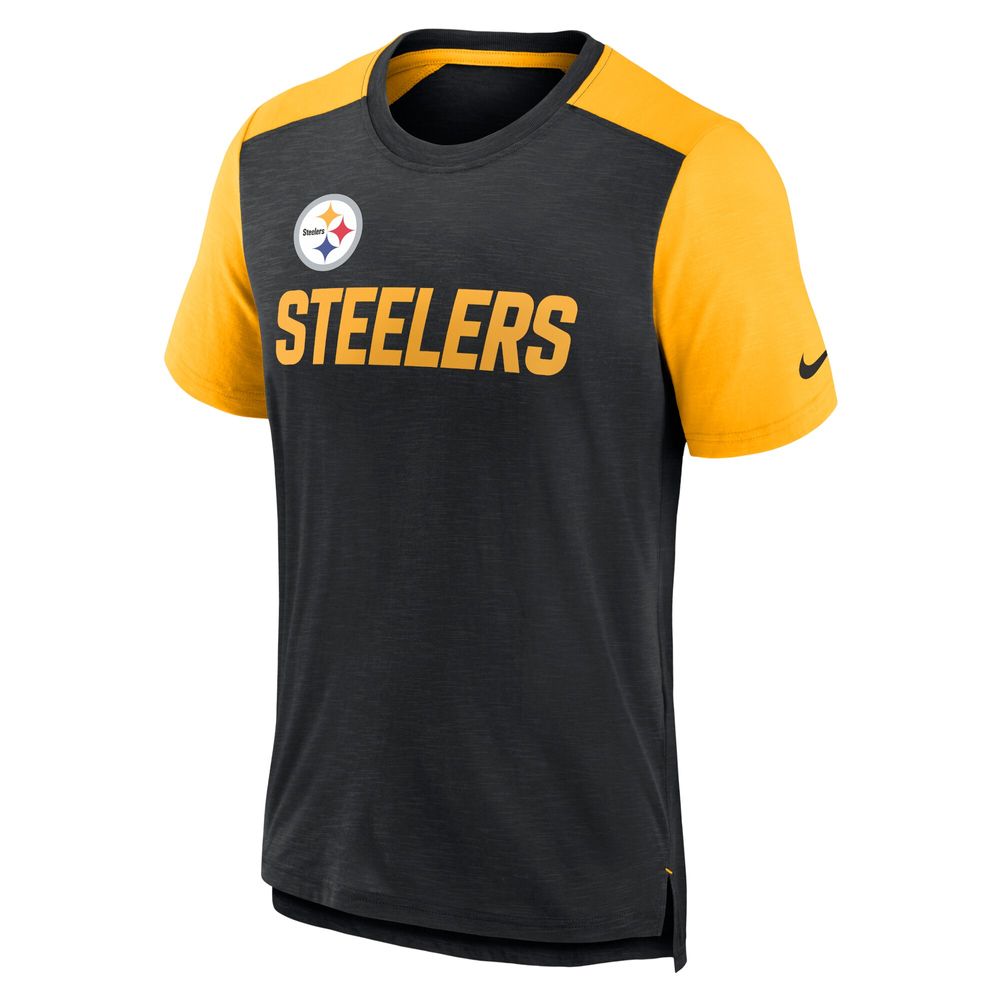 Men's Nike Heathered Black/Heathered Gold Pittsburgh Steelers Color Block Team Name T-Shirt