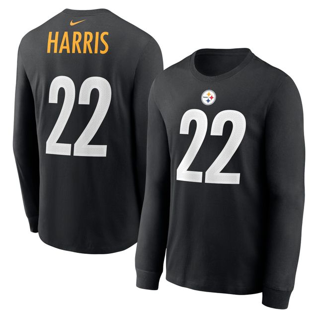 T-shirt à manches longues Nike Najee Harris pour homme, noir, Pittsburgh Steelers, nom et numéro du joueur