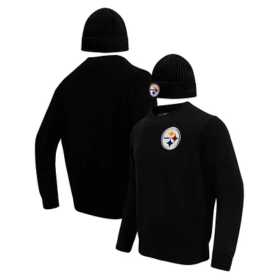 Pull à col rond et chapeau en tricot revers Pro Standard pour hommes, noir, Pittsburgh Steelers, coffret cadeau