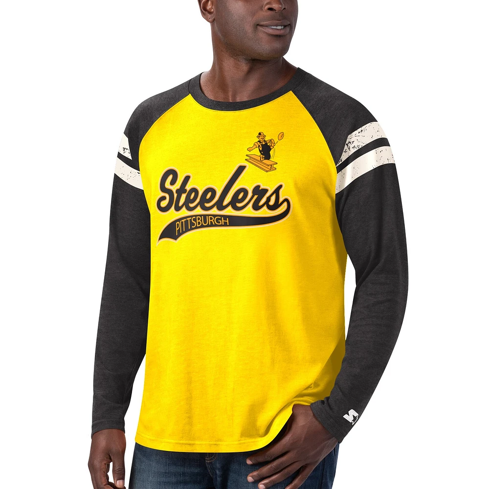 T-shirt à manches longues raglan Starter or/noir Pittsburgh Steelers Throwback League pour homme