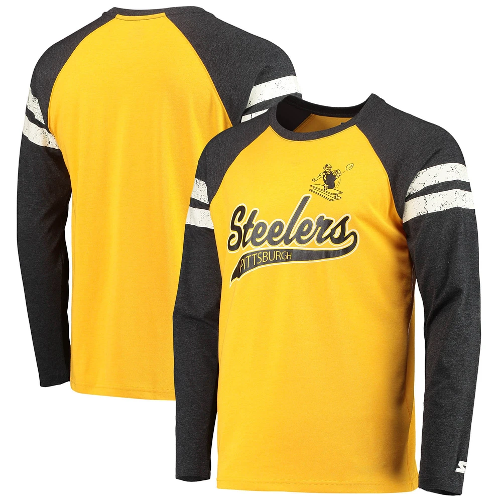 T-shirt à manches longues raglan Starter or/noir Pittsburgh Steelers Throwback League pour homme