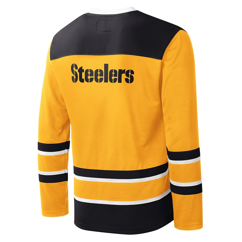 Men's Starter Gold Pittsburgh Steelers Cross-Check V-Neck Long Sleeve T-Shirt