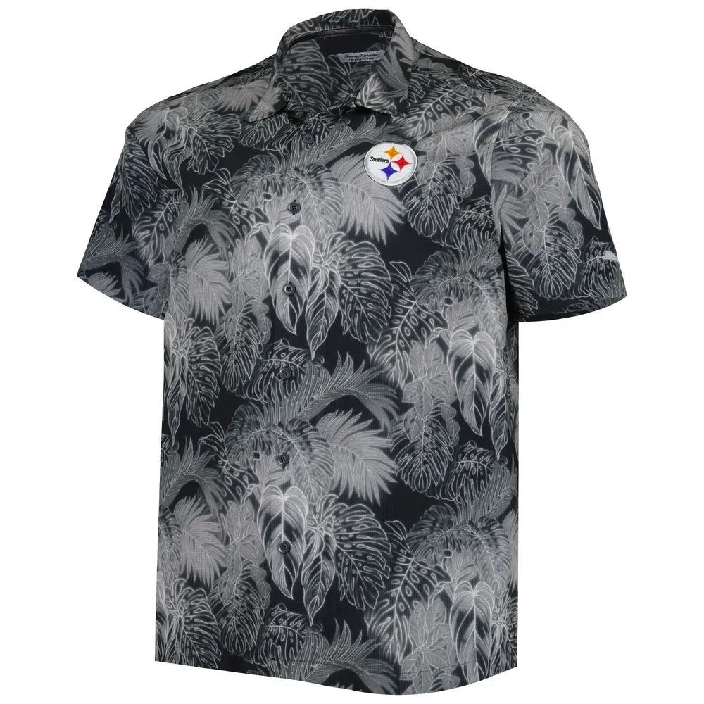 Men's Tommy Bahama Black Pittsburgh Steelers Big & Tall Coast Luminescent Fronds Camp IslandZone Button-Up Shirt